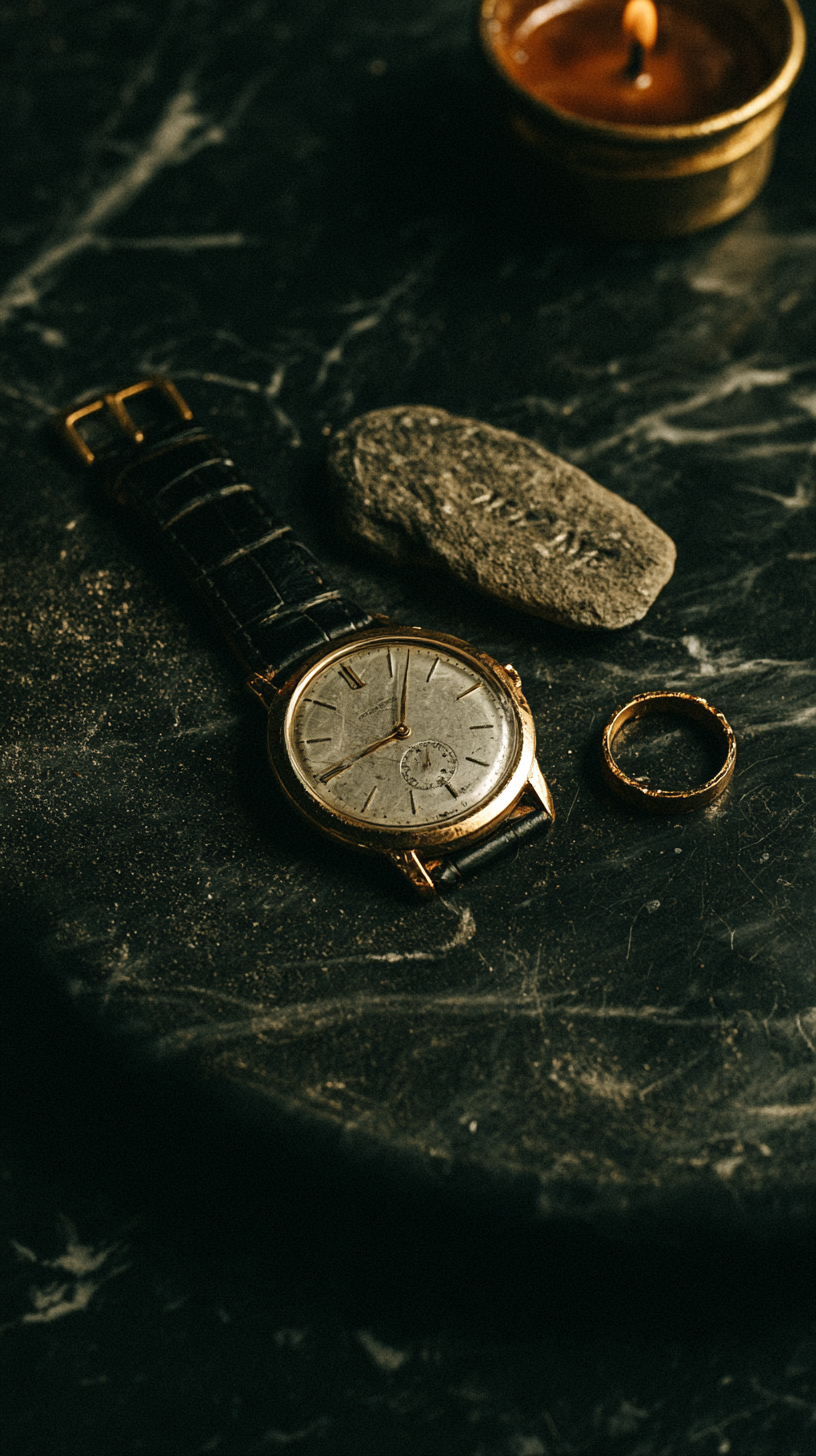 Heirloom objects on marble — permanence as a form of identity
