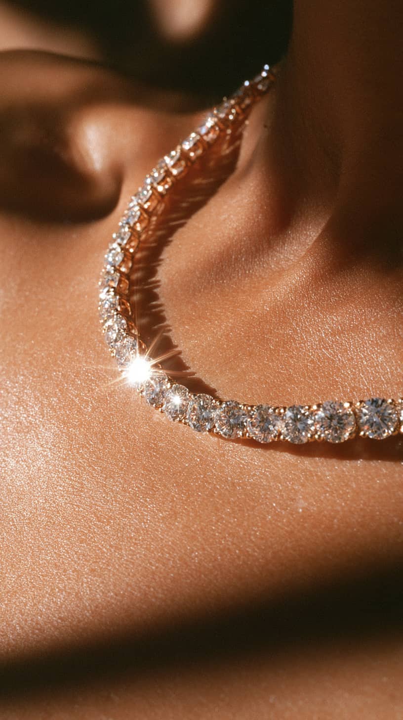 Diamond necklace close-up on warm skin