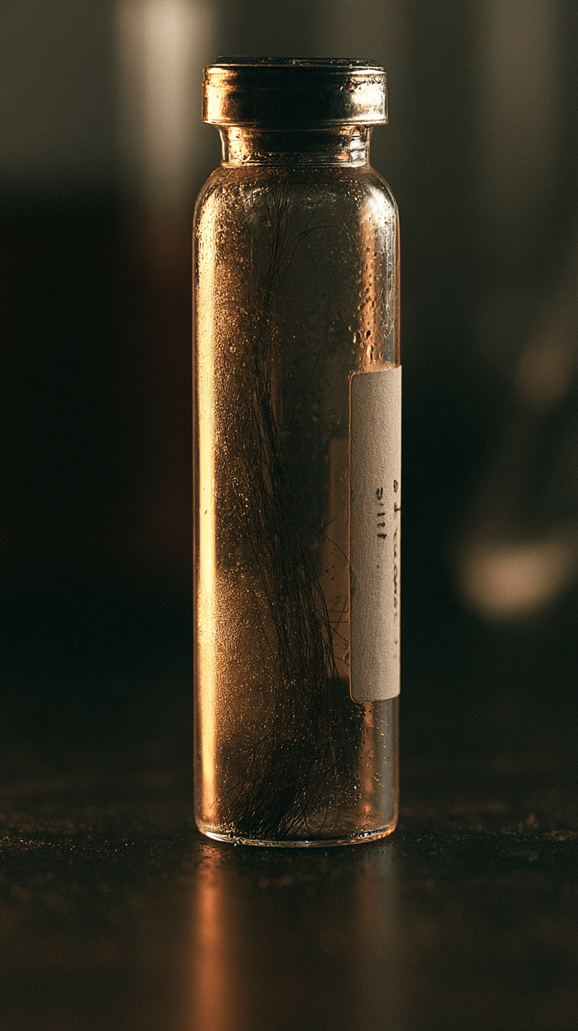 Hair strand being placed into a laboratory vial for biometric carbon extraction